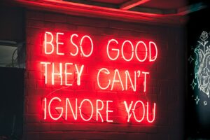 a sign with red text